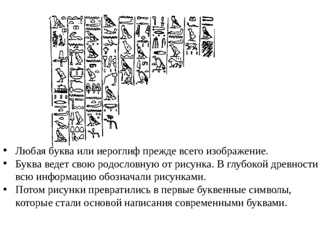 Любая буква или иероглиф прежде всего изображение. Буква ведет свою родословную от рисунка. В глубокой древности всю информацию обозначали рисунками. Потом рисунки превратились в первые буквенные символы, которые стали основой написания современными буквами.