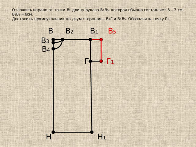 Строим рукав  В изделиях с цельнокроеным рукавом линия плеча переходит в рукав.  Будем строить прямоугольный рукав длиной 6 см , впоследствии длину и форму рукава можно изменить по своему усмотрению.   В2 В1 В5 В В3  Ширина рукава В1 Г = Оп:2+Поп =  12. Длина рукава по плечу В1В5 = 6см  Длина рукава под проймой ГГ1= 6см  13. Соединить точки В5 и Г1  (… :2)+7 =…см. В4 Г Г1 Т1 Т Б1 Б Н1 Н