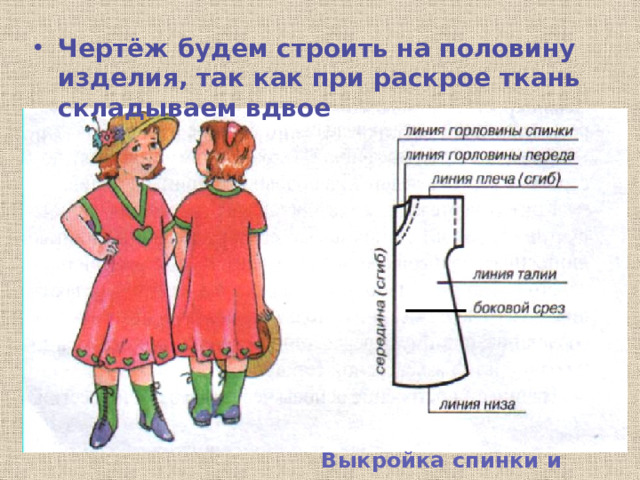 Чертёж будем строить на половину изделия, так как при раскрое ткань складываем вдвое