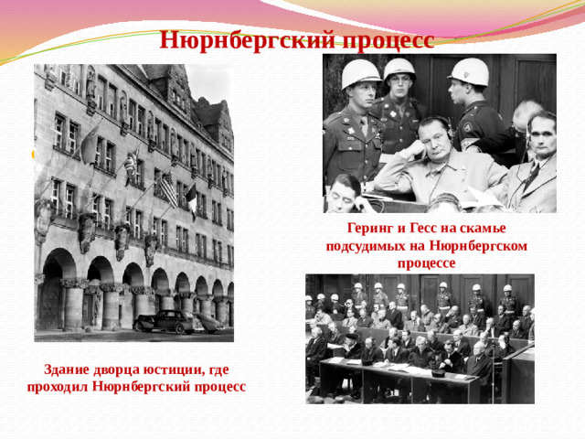Нюрнбергский процесс  Геринг и Гесс на скамье подсудимых на Нюрнбергском процессе Здание дворца юстиции, где проходил Нюрнбергский процесс