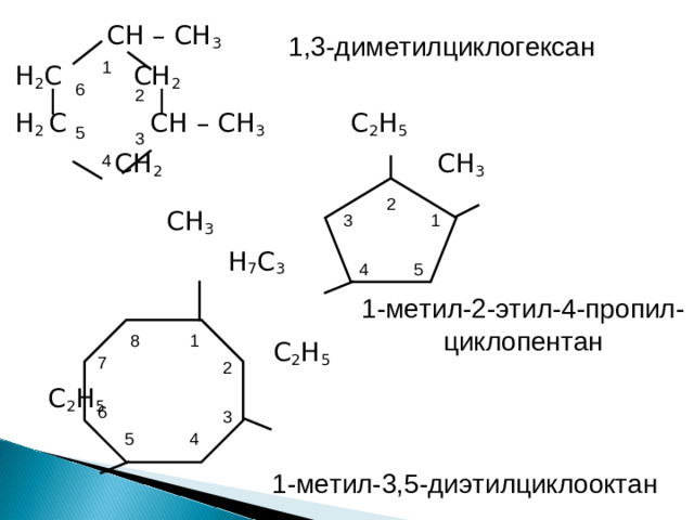 С H – CH 3 H 2 C  CH 2  | | H 2 C CH – CH 3 C 2 H 5   CH 2 CH 3   CH 3  H 7 C 3  C 2 H 5  C 2 H 5 1 ,3-диметилциклогексан 1 6 2 5 3 4 2 1 3 5 4 1-метил-2-этил-4-пропил-циклопентан 1 8 7 2 6 3 4 5 1-метил-3,5-диэтилциклооктан