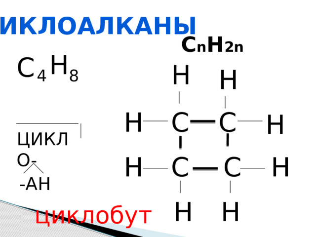циклоалканы С n H 2n H C H H 8 4 C H C H ЦИКЛО- H C C H -АН H H циклобутан