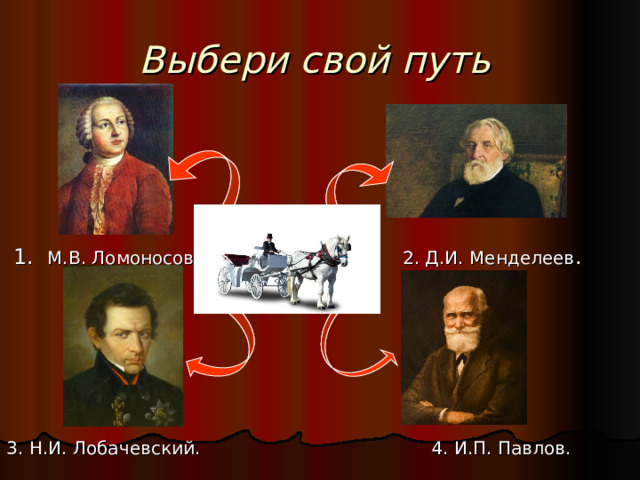 Выбери свой путь   1. М.В. Ломоносов. 2. Д.И. Менделеев .  3. Н.И. Лобачевский. 4. И.П. Павлов.