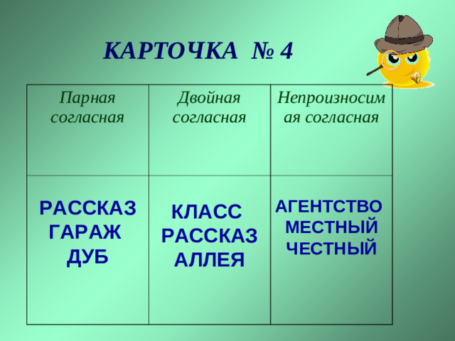 КАРТОЧКА № 4 Парная согласная Двойная согласная Непроизносимая согласная  РАССКАЗ ГАРАЖ ДУБ АГЕНТСТВО МЕСТНЫЙ ЧЕСТНЫЙ КЛАСС  РАССКАЗ АЛЛЕЯ