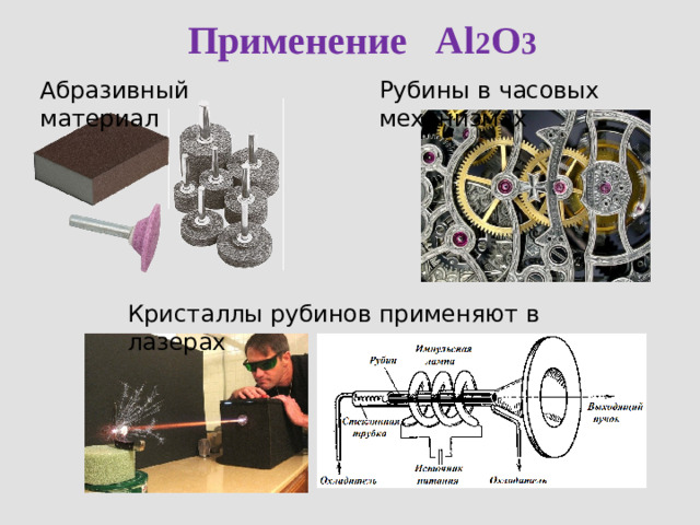 Применение Al 2 O 3 Абразивный материал Рубины в часовых механизмах Кристаллы рубинов применяют в лазерах