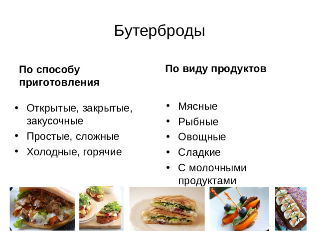 Бутерброды По виду продуктов По способу приготовления