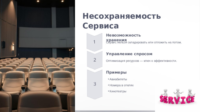 Несохраняемость Сервиса Невозможность хранения Сервис нельзя складировать или отложить на потом. Управление спросом Оптимизация ресурсов — ключ к эффективности. Примеры