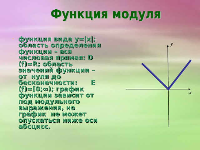 - функция вида y=  ; область определения функции – от нуля до бесконечности: D  (f)=[ 0;∞); область значений функции –от нуля до бесконечности: E  (f) = [ 0;∞); графиком функции является ветвь параболы.