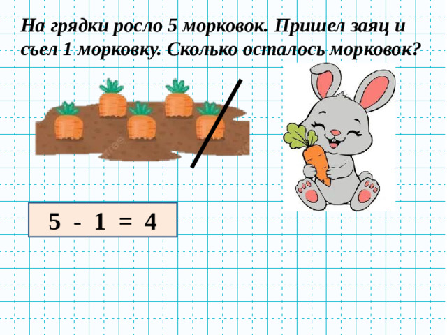 На грядки росло 5 морковок. Пришел заяц и съел 1 морковку. Сколько осталось морковок? 5 - 1 = 4