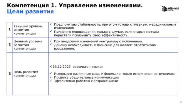 Компетенция 1. Управление изменениями.  Цели развития 1 Текущий уровень развития компетенции 2 Предпочитаю стабильность, при этом готова к плавным, нерадикальным изменениям. Применяю нововведения только в случае, если старые методы перестали показывать свою эффективность. Целевой уровень развития компетенции 3 При внедрении изменений контролирую исполнение. Доношу необходимость изменений для коллег: отрабатываю возражения. Цель развития компетенции К 15.12 2025 развиваю навыки: Использую различные виды и формы контроля исполнения сотрудников Провожу убедительные коммуникации Эффективно работаю с возражениями