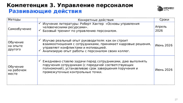 Компетенция 3. Управление персоналом   Развивающие действия Методы Самообучение Конкретные действия Изучение литературы: Роберт Хантер «Основы управления человеческими ресурсами». Базовый тренинг по управлению персоналом.   Обучение  на опыте другого Сроки Апрель 2026 Изучаю реальный опыт руководителя: как он строит взаимоотношения с сотрудниками, принимает кадровые решения, управляет конфликтами и мотивацией. Анализирую опыт работы с персоналом своих коллег. Обучение  на рабочем месте Июнь 2026 Ежедневно ставлю задачи перед сотрудниками, даю выполнять поручения сотрудникам (с передачей соответствующих полномочий), устанавливаю срок завершения поручения и промежуточные контрольные точки. Июнь 2026