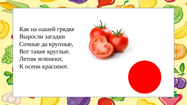 Как на нашей грядке  Выросли загадки  Сочные да крупные,  Вот такие круглые.  Летом зеленеют,  К осени краснеют.
