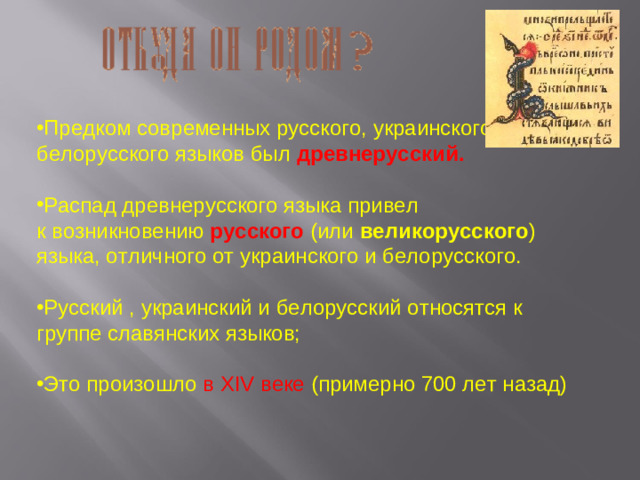 Предком современных русского, украинского, белорусского языков был древнерусский. Распад древнерусского языка привел к возникновению русского (или великорусского ) языка, отличного от украинского и белорусского. Русский , украинский и белорусский относятся к группе славянских языков; Это произошло в XIV веке (примерно 700 лет назад)
