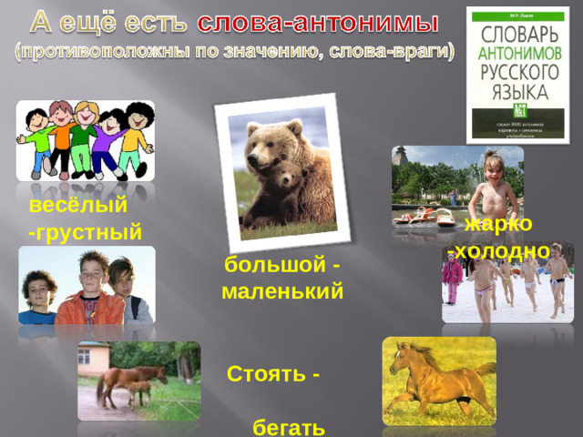 весёлый -грустный жарко -холодно большой - маленький Стоять - бегать