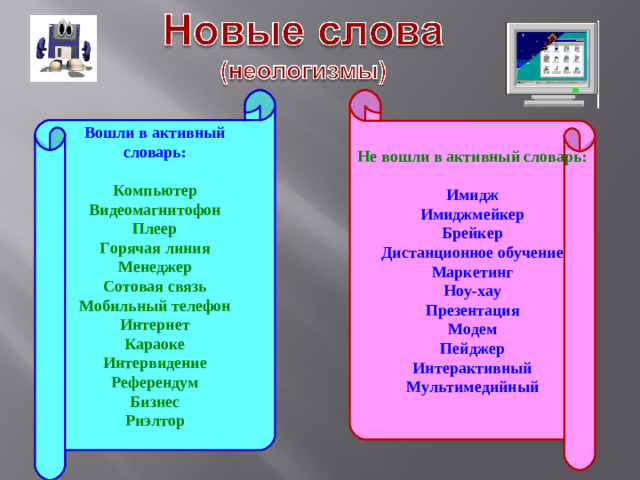 Вошли в активный словарь: Не вошли в активный словарь:  Имидж Имиджмейкер Брейкер Дистанционное обучение Маркетинг Ноу-хау Презентация Модем Пейджер Интерактивный Мультимедийный Компьютер Видеомагнитофон Плеер Горячая линия Менеджер Сотовая связь Мобильный телефон Интернет Караоке Интервидение Референдум Бизнес Риэлтор