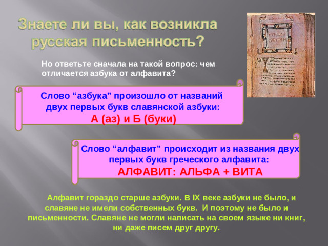 Но ответьте сначала на такой вопрос: чем отличается азбука от алфавита?  Слово “азбука” произошло от названий  двух первых букв славянской азбуки:  А (аз) и Б (буки)   Слово “алфавит” происходит из названия двух первых букв греческого алфавита:  АЛФАВИТ: АЛЬФА + ВИТА        Алфавит гораздо старше азбуки. В IX веке азбуки не было, и славяне не имели собственных букв.  И поэтому не было и письменности. Славяне не могли написать на своем языке ни книг, ни даже писем друг другу.      