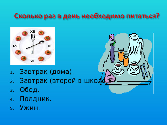 Завтрак (дома). Завтрак (второй в школе). Обед. Полдник. Ужин.