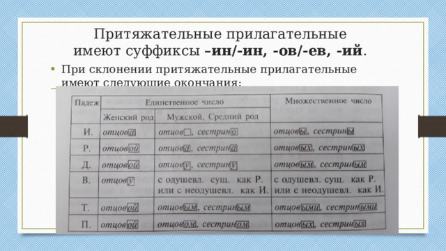 Притяжательные прилагательные  имеют суффиксы –ин/-ин, -ов/-ев, -ий .