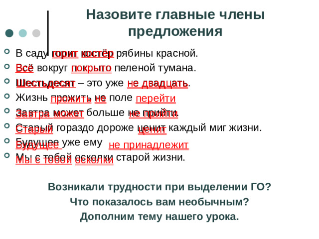 Назовите главные члены предложения горит  костёр В саду горит костёр рябины красной. Всё вокруг покрыто пеленой тумана. Шестьдесят – это уже не двадцать. Жизнь прожить не поле перейти. Завтра может больше не прийти. Старый гораздо дороже ценит каждый миг жизни. Будущее уже ему не принадлежит. Мы с тобой осколки старой жизни. Возникали трудности при выделении ГО? Что показалось вам необычным? Дополним тему нашего урока. покрыто Всё не двадцать Шестьдесят не перейти прожить может не прийти Завтра Старый ценит Будущее не принадлежит Мы с тобой  осколки