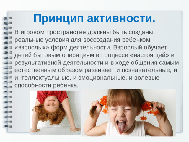 Принцип активности. В игровом пространстве должны быть созданы реальные условия для воссоздания ребенком «взрослых» форм деятельности. Взрослый обучает детей бытовым операциям в процессе «настоящей» и результативной деятельности и в ходе общения самым естественным образом развивает и познавательные, и интеллектуальные, и эмоциональные, и волевые способности ребенка.