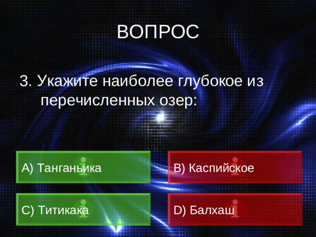 ВОПРОС 3. Укажите наиболее глубокое из перечисленных озер: A) Танганьика B) Каспийское C) Титикака D) Балхаш