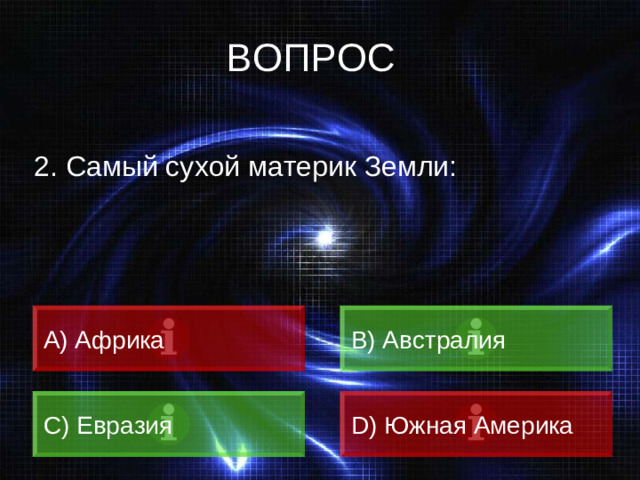ВОПРОС 2. Самый сухой материк Земли: А) Африка B) Австралия C) Евразия D) Южная Америка