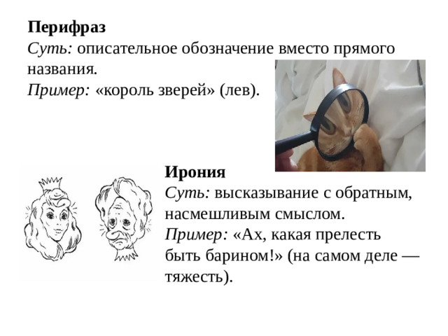 Перифраз  Суть: описательное обозначение вместо прямого названия.  Пример: «король зверей» (лев).   Ирония  Суть: высказывание с обратным, насмешливым смыслом.  Пример: «Ах, какая прелесть быть барином!» (на самом деле — тяжесть).