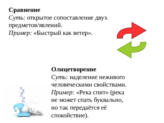 Сравнение  Суть: открытое сопоставление двух предметов/явлений.  Пример: «Быстрый как ветер».   Олицетворение  Суть: наделение неживого человеческими свойствами.  Пример: «Река спит» (река не может спать буквально, но так передаётся её спокойствие).