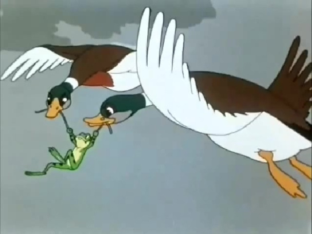 В какой сказке и кто воспользовался правом на свободное передвижение и путешествовал на прутике между двумя утками?