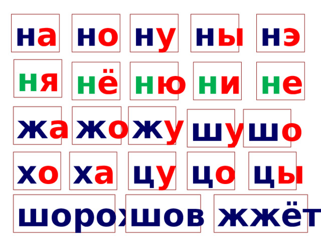 н а н о н у н ы н э н я н ю н ё н и н е ж а ж о ж у ш у ш о х а ц о ц у ц ы х о жжёт шов шорох