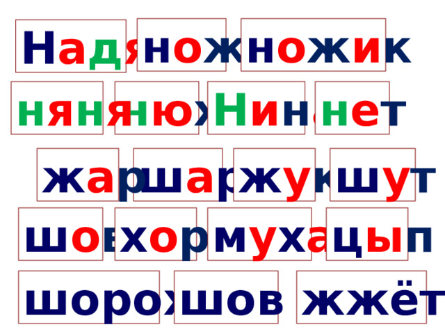 н о ж и к н о ж Н а д я Н и н а н я н я н е т н ю х ш а р ж у к ш у т ж а р ш о в х о р м у х а ц ы п шорох шов жжёт