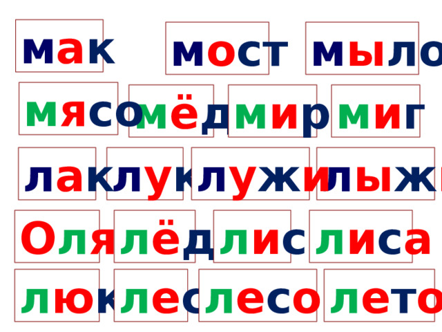 м а к м ы ло м о ст м я со м и г м ё д м и р л у к л а к л ы ж и л у ж и л и с а О л я л и с л ё д л е с л ю к л е с о к л е т о