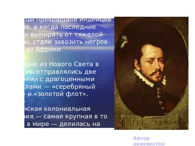 Испанцы превращали индейцев в рабов, а когда последние начали вымирать от тяжелой работы, стали завозить негров-рабов из Африки Ежегодно из Нового Света в Испанию отправлялись две флотилии с драгоценными металлами — «серебряный флот» и «золотой флот».  Испанская колониальная империя — самая крупная в то время в мире — делилась на два вице- королевства — Новую Испанию (Мексику) и Перу Автор неизвестен