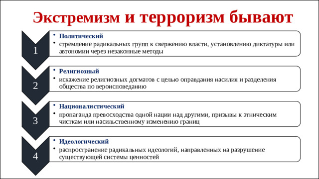 1 Политический Политический стремление радикальных групп к свержению власти, установлению диктатуры или автономии через незаконные методы стремление радикальных групп к свержению власти, установлению диктатуры или автономии через незаконные методы 2 Религиозный Религиозный искажение религиозных догматов с целью оправдания насилия и разделения общества по вероисповеданию искажение религиозных догматов с целью оправдания насилия и разделения общества по вероисповеданию 3 Националистический Националистический пропаганда превосходства одной нации над другими, призывы к этническим чисткам или насильственному изменению границ пропаганда превосходства одной нации над другими, призывы к этническим чисткам или насильственному изменению границ 4 Идеологический Идеологический распространение радикальных идеологий, направленных на разрушение существующей системы ценностей распространение радикальных идеологий, направленных на разрушение существующей системы ценностей Экстремизм и терроризм бывают