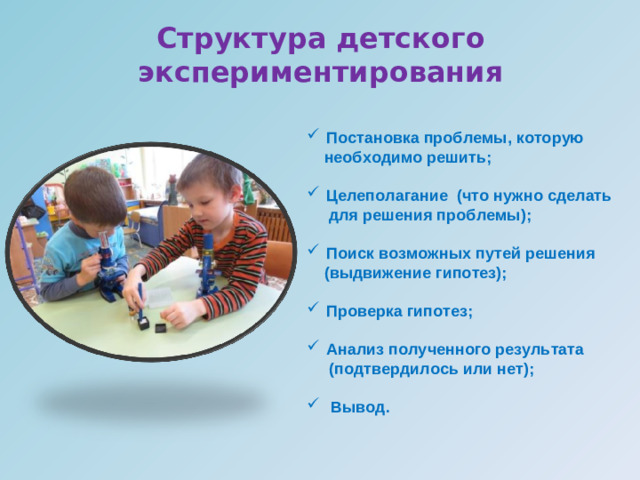 Структура детского экспериментирования Постановка проблемы, которую  необходимо решить;  Целеполагание (что нужно сделать  для решения проблемы);  Поиск возможных путей решения  (выдвижение гипотез);  Проверка гипотез;  Анализ полученного результата  (подтвердилось или нет);   Вывод.