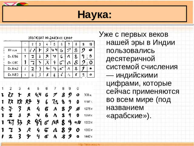 Наука: Уже с первых веков нашей эры в Индии пользовались десятеричной системой счисления — индийскими цифрами, которые сейчас применяются во всем мире (под названием «арабские»).