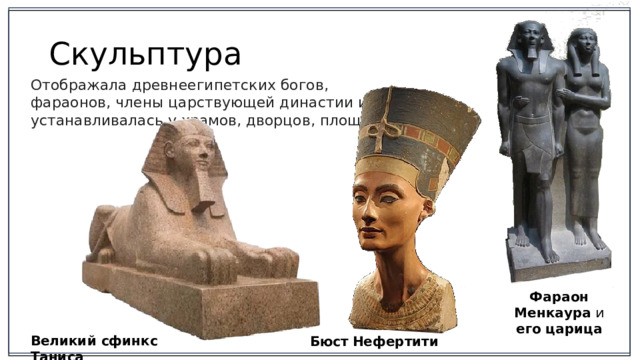 Скульптура Отображала древнеегипетских богов, фараонов, члены царствующей династии и устанавливалась у храмов, дворцов, площадях. Фараон  Менкаура и его  царица Великий сфинкс Таниса Бюст  Нефертити 2