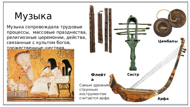 Музыка Музыка сопровождала трудовые процессы, массовые празднества, религиозные церемонии, действа, связанные с культом богов, торжественные шествия, дворцовые развлечения. Цимбалы Систр Флейта Самым древним струнным инструментом считается арфа. Арфа 2