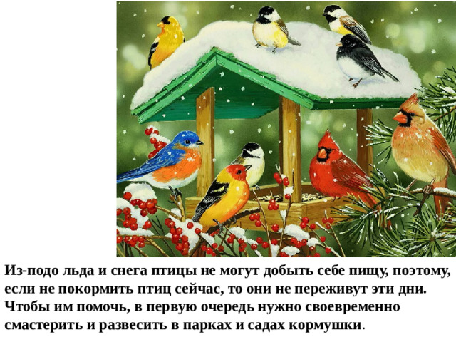 Из-подо льда и снега птицы не могут добыть себе пищу, поэтому, если не покормить птиц сейчас, то они не переживут эти дни. Чтобы им помочь, в первую очередь нужно своевременно смастерить и развесить в парках и садах кормушки .