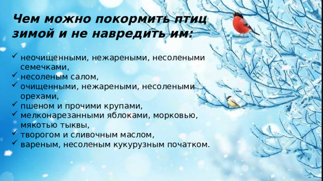 Чем можно покормить птиц зимой и не навредить им: