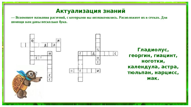 Актуализация знаний — Вспомните названия растений, с которыми вы познакомились. Расположите их в сетках. Для помощи вам даны несколько букв.  Гладиолус, георгин, гиацинт, ноготки, календула, астра, тюльпан, нарцисс, мак.