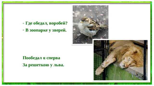 Где обедал, воробей? В зоопарке у зверей.