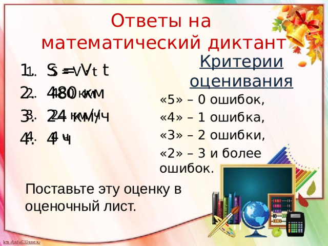 Ответы на  математический диктант Критерии оценивания S = V t 480 км 24 км/ч 4 ч   «5» – 0 ошибок, «4» – 1 ошибка, «3» – 2 ошибки, «2» – 3 и более ошибок. Поставьте эту оценку в оценочный лист.