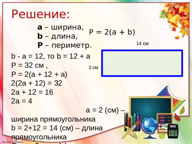 Решение: а – ширина, b – длина, Р – периметр. P = 2(a + b) 14 см b - a = 12, то b = 12 + a P = 32 см , P = 2(a + 12 + a) 2(2a + 12) = 32 2a + 12 = 16 2a = 4 a = 2 (см) – ширина прямоугольника b = 2+12 = 14 (см) – длина прямоугольника Ответ. 2 см и 14 см. 2 см
