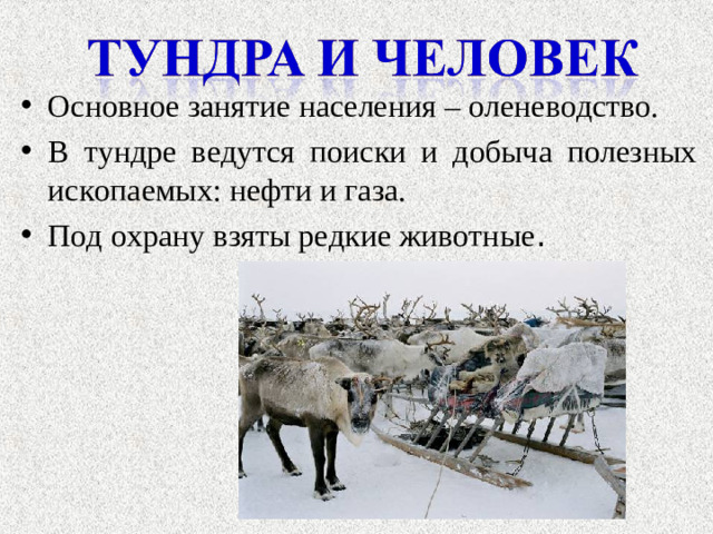 Основное занятие населения – оленеводство. В тундре ведутся поиски и добыча полезных ископаемых: нефти и газа. Под охрану взяты редкие животные .