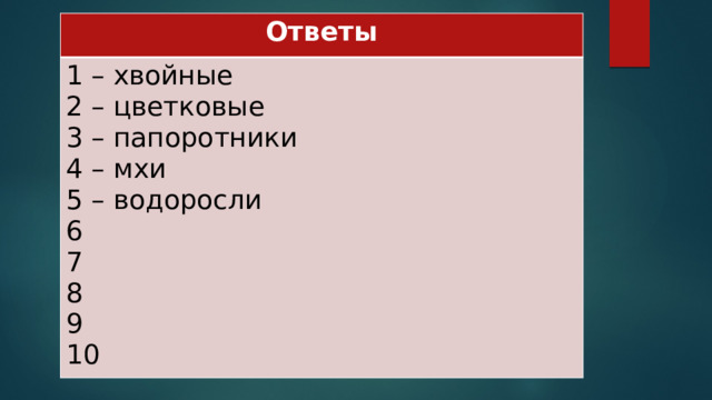 Ответы 1 – хвойные 2 – цветковые 3 – папоротники 4 – мхи 5 – водоросли 6 7 8 9 10