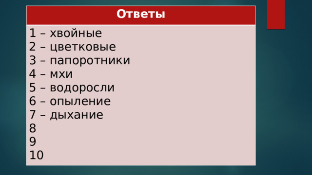 Ответы 1 – хвойные 2 – цветковые 3 – папоротники 4 – мхи 5 – водоросли 6 – опыление 7 – дыхание 8 9 10