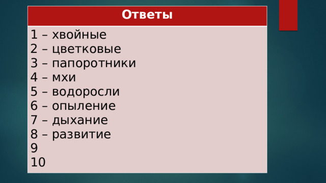 Ответы 1 – хвойные 2 – цветковые 3 – папоротники 4 – мхи 5 – водоросли 6 – опыление 7 – дыхание 8 – развитие 9 10