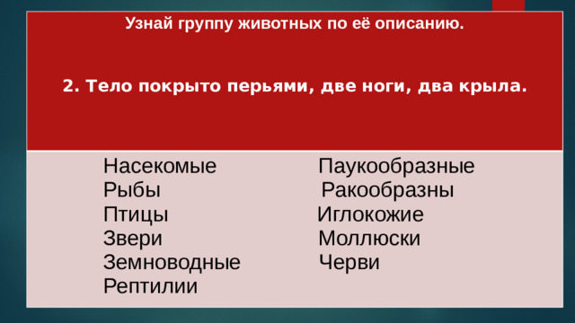 Узнай группу животных по её описанию.   Насекомые Паукообразные   Рыбы Ракообразны 2. Тело покрыто перьями, две ноги, два крыла.  Птицы Иглокожие   Звери Моллюски   Земноводные Черви  Рептилии