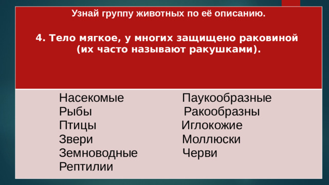 Узнай группу животных по её описанию.   Насекомые Паукообразные 4. Тело мягкое, у многих защищено раковиной  Рыбы Ракообразны (их часто называют ракушками).  Птицы Иглокожие   Звери Моллюски   Земноводные Черви   Рептилии